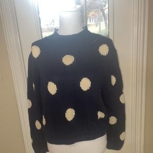 J Crew Womens L Pullover Long Sleeve Sweater Jumper Navy Blue Polka Dot